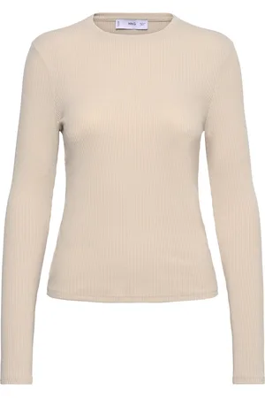 MANGO Ribbed Knit T-Shirt Beige