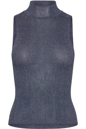 MANGO Lurex Knitted Top With Perkins Neck Blue