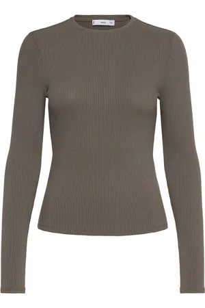MANGO Ribbed Long-Sleeved T-Shirt Khaki