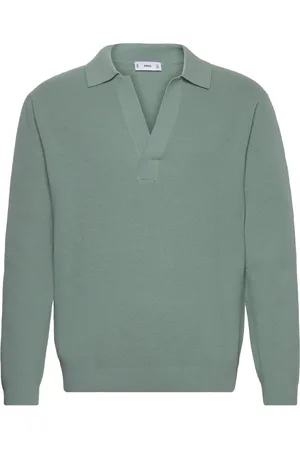 MANGO Knitted Wool Blend Polo Sweater Green