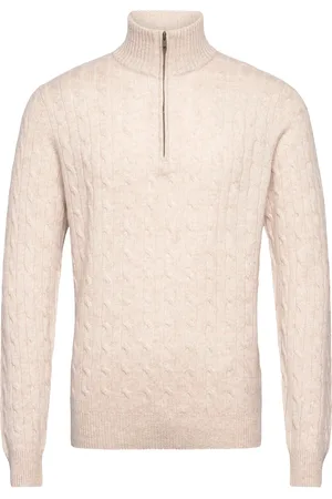 Davida Cashmere Man Half Zip Cable Sweater Beige
