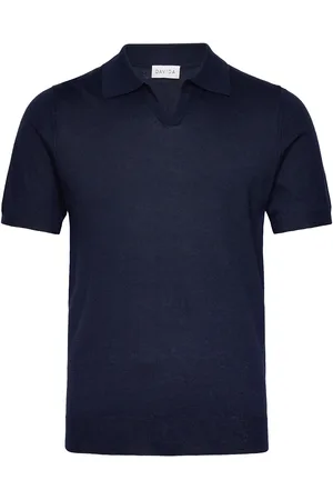Davida Cashmere Man Fine Knit Open Collar T-Shirt Navy