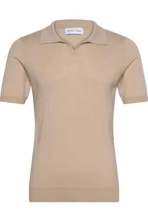 Davida Cashmere Man Fine Knit Open Collar T-Shirt Beige
