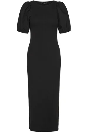 French Connection Sasia Rib Puff Slv Midi Dress Black