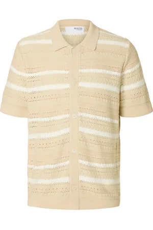 SELECTED Slhpalo Ss Knit Crochet Polo Cardigan Beige