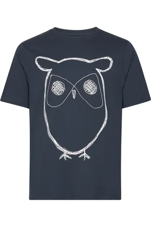 Knowledge Cotton Apparal Regular Big Owl Front Print T-Shirt Blue