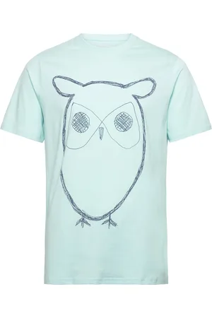 Knowledge Cotton Apparal Regular Big Owl Front Print T-Shirt Blue
