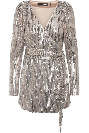 ROTATE Sequin Midi Wrap Dress Silver