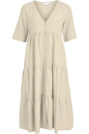 VILA Viprisilla V-Neck 2/4 Midi Dress/1 Beige