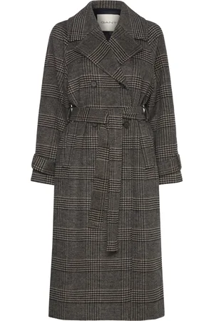 GANT Large Checked Wool Trench Coat Brown
