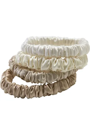 Lenoites Mulberry Silk Skinny Scrunchies White, Cream White, Beige, Light Brown Patterned