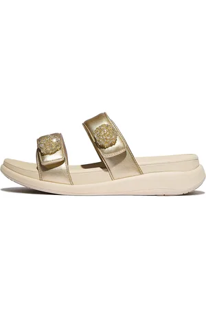 FitFlop F-Mode Go Beadie-Button Adj. Flatform 2-Bar Slides Cream