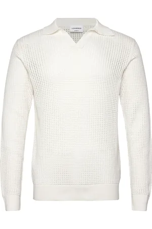 Lindbergh Crochet Knit L/S V-Neck Polo White