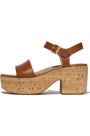 FitFlop Platfforms Leather/Cork Heeled Ankle-Strap Sandals Brown