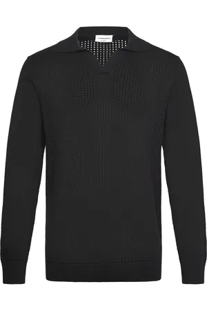 Lindbergh Crochet Knit L/S V-Neck Polo Black