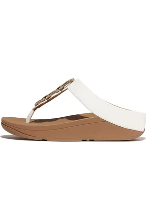 FitFlop Fino Crystal-Chain Leather Toe-Post Sandals White