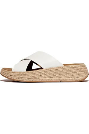 FitFlop F-Mode Espadrille Leather Flatform Cross Slides White
