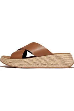 FitFlop F-Mode Espadrille Leather Flatform Cross Slides Brown