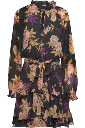 Ralph Lauren Floral Belted Crinkle Georgette Dress Black