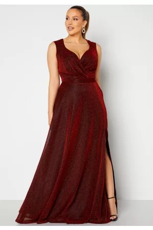 Goddiva Curve Wrap Front Sleeveless Maxi Curve Dress With Split Red