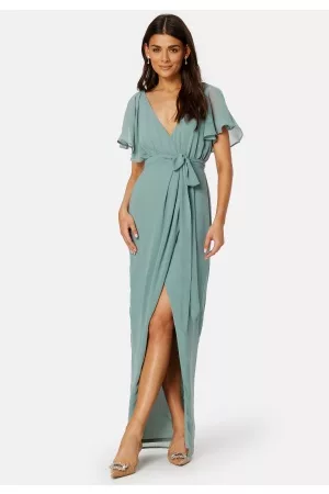 Goddiva Kvinder Casual kjoler - Flutter Chiffon Wrap Maxi Dress Sage Green S (UK10)