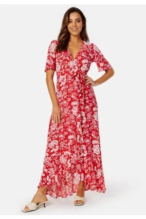Happy Holly Kvinder Lang kjoler - Ellinor long dress Coral red / Patterned 36/38