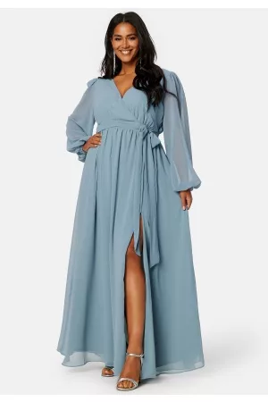 Goddiva Kvinder Læder kjoler - Long Sleeve Chiffon Maxi Curve Dress Air Force Blue 46 (UK18)