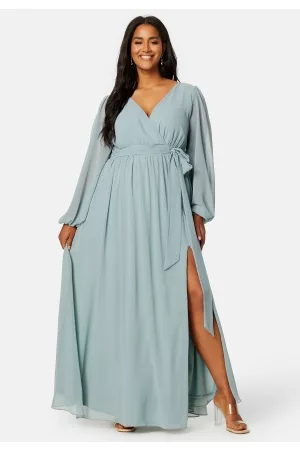 Goddiva Kvinder Læder kjoler - Long Sleeve Chiffon Maxi Curve Dress Sage Green 46 (UK18)