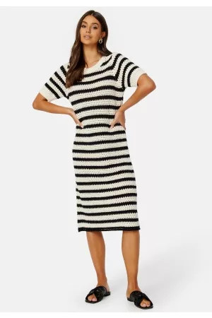 SELECTED Kvinder Strikkede kjoler - Alby SS Long Knit Dress Birch Stripes:Black L