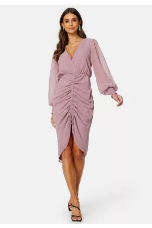 Goddiva Kvinder Midikjoler - Long Sleeve Chiffon Rouched Midi Dress Dusk L (UK14)