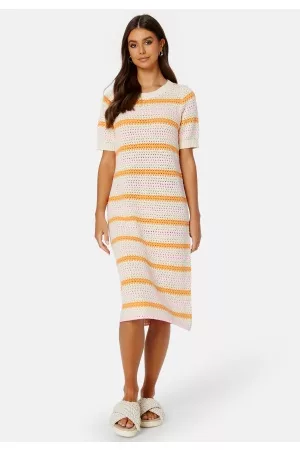 SELECTED Kvinder Lang kjoler - Alby SS Long Knit Dress Birch Stripes:PAPAYA L