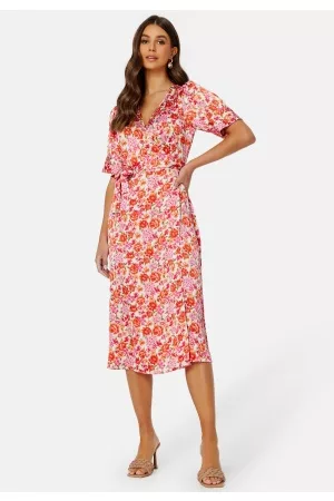 VILA Kvinder Casual kjoler - Naria S/S Wrap Midi Dress Tigerlily AOP:MIS 34