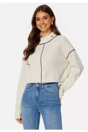 Calvin Klein Kvinder Strik - Contrast Seaming Loose Sweater ACF Eggshell L