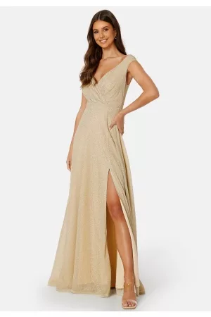 Goddiva Kvinder Casual kjoler - Glitter Wrap Maxi Dress Light Gold S (UK10)