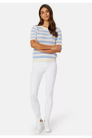 SELECTED Kvinder Kortærmede - Alby SS Knit O-Neck Birch Stripes:BLUE H L