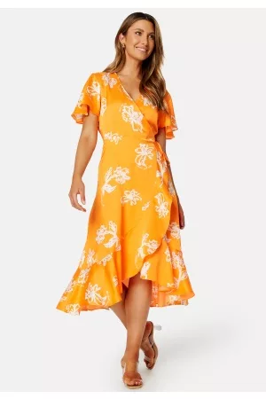 Object Kvinder Casual kjoler - Issy Papaya S/S Mini Wrap Bright Marigold AOP 34