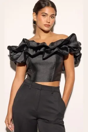 BUBBLEROOM Frill Satin Off Shoulder Top XS