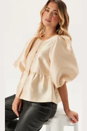 BUBBLEROOM Puff Sleeve Peplum Satin Blouse XS