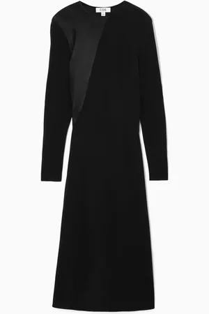 COS Power-Shoulder Satin-Panel Midi Dress