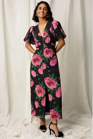 JOELLE Maxi kjole i chiffon med knaplukning