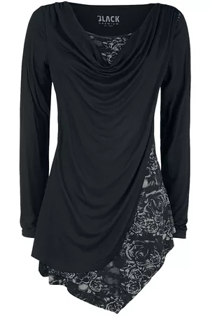 EMP Langærmet - Black Long-Sleeve Shirt with Waterfall Neckline and Print - S till 3XL - Damer