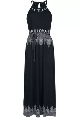Gothicana Lang kjole - Black Maxi Dress with Prints and Narrow Tie-Belt - S till 5XL - Damer
