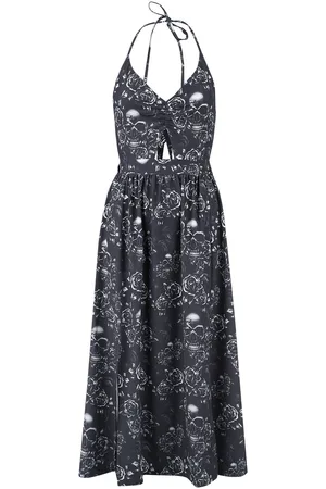 EMP Lang kjole - Double Slit Dress with Roses and Skulls - S till XXL - Damer