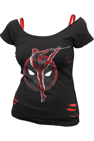 DEADPOOL T-shirt - - Pose - 2 in1 Red Ripped Top - S till XXL - Damer