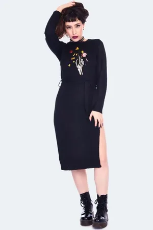 Jawbreaker Mellemlang kjole - Dead Flowers Embroidered Knitted Midi Dress - XS till XL - Damer