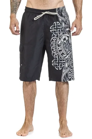 EMP Badeshorts - Black Swim Shorts with Celtic-Style Raven Print - S till XXL - Herrer