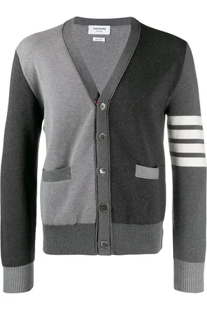 Thom Browne Gråtonet cardigan i bomuld med V-hals og 4-Bar-detalje