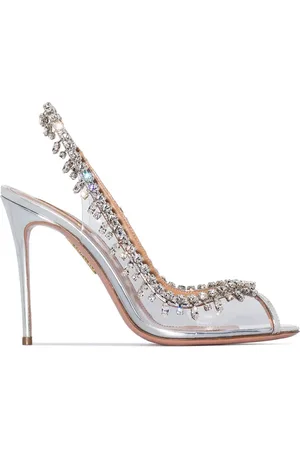 Aquazzura Sølvfarvet Temptation 105 slingback-sandaler med krystaldetalje