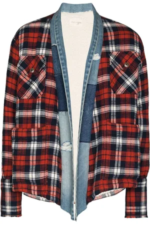 GREG LAUREN Ternet cardigan i flannel og denim