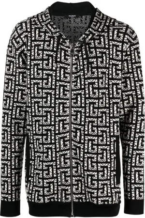 Balmain Intarsiastrikket hættetrøje med monogram og lynlås